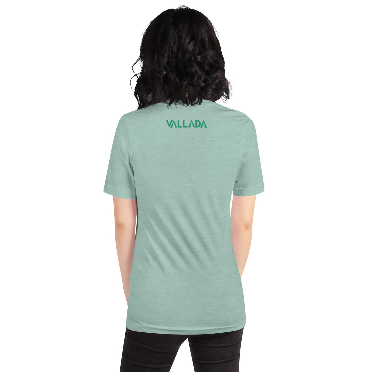 Damen T-Shirt in Taubenblau meliert, Rückansicht mit Vallada-Logo, Säntis-Collection