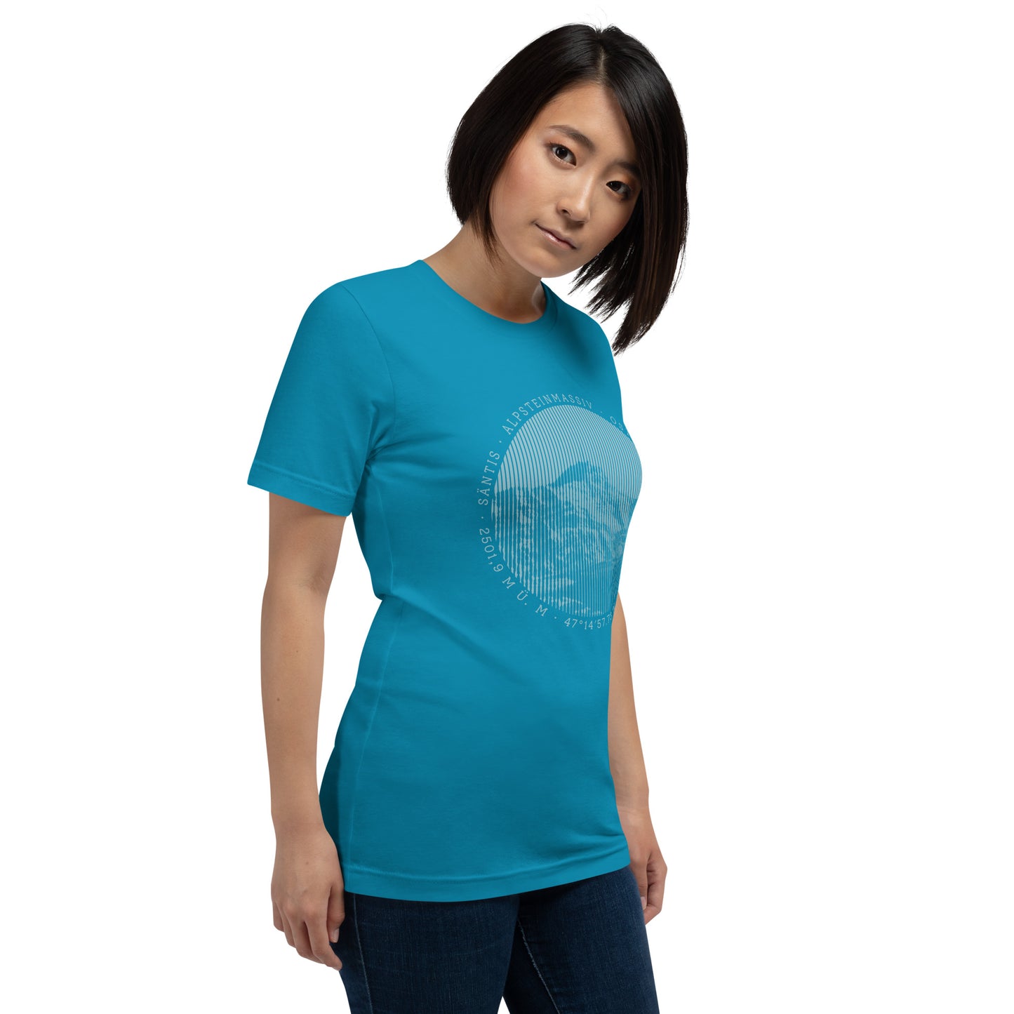 Türkisfarbenes Damen T-Shirt mit Säntis-Gipfel-Print, Baumwolle, lässiger Schnitt.