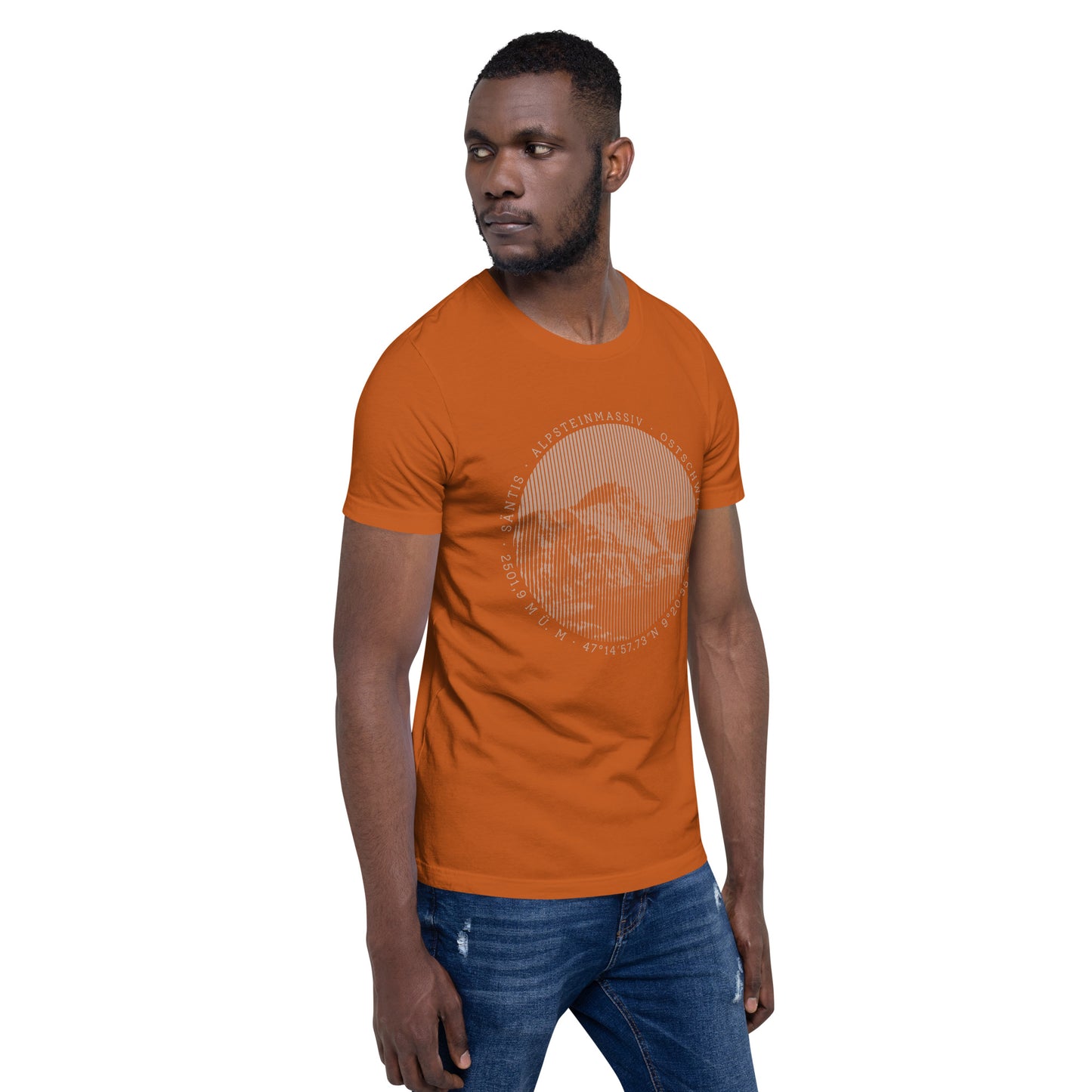 Oranges Herren T-Shirt mit Säntis-Bergdruck, Baumwolle, V-Ausschnitt.