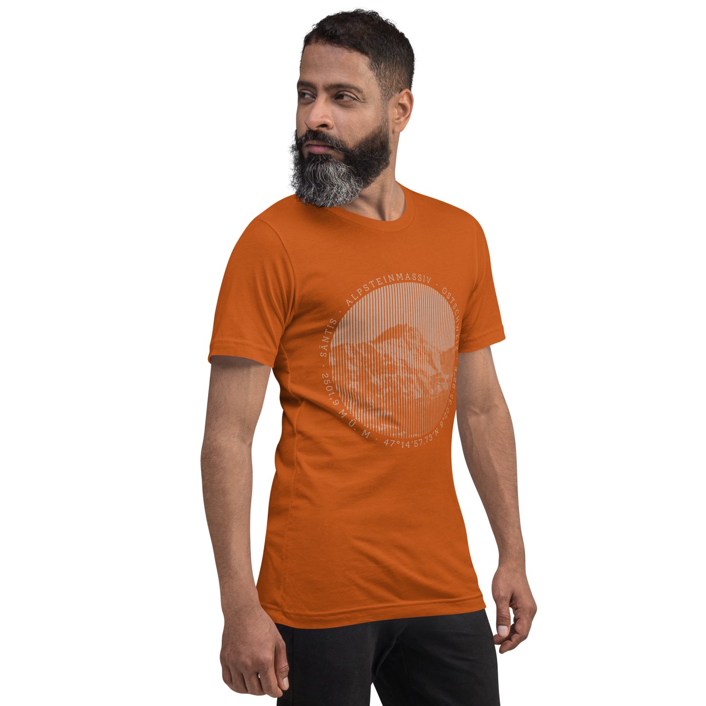 Oranges Herren T-Shirt mit Säntis-Bergdruck, Baumwolle, V-Ausschnitt.