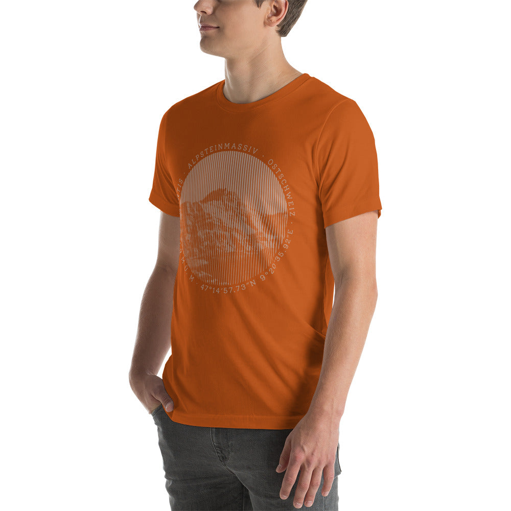 Oranges Herren T-Shirt mit Säntis-Bergdruck, Baumwolle, V-Ausschnitt.
