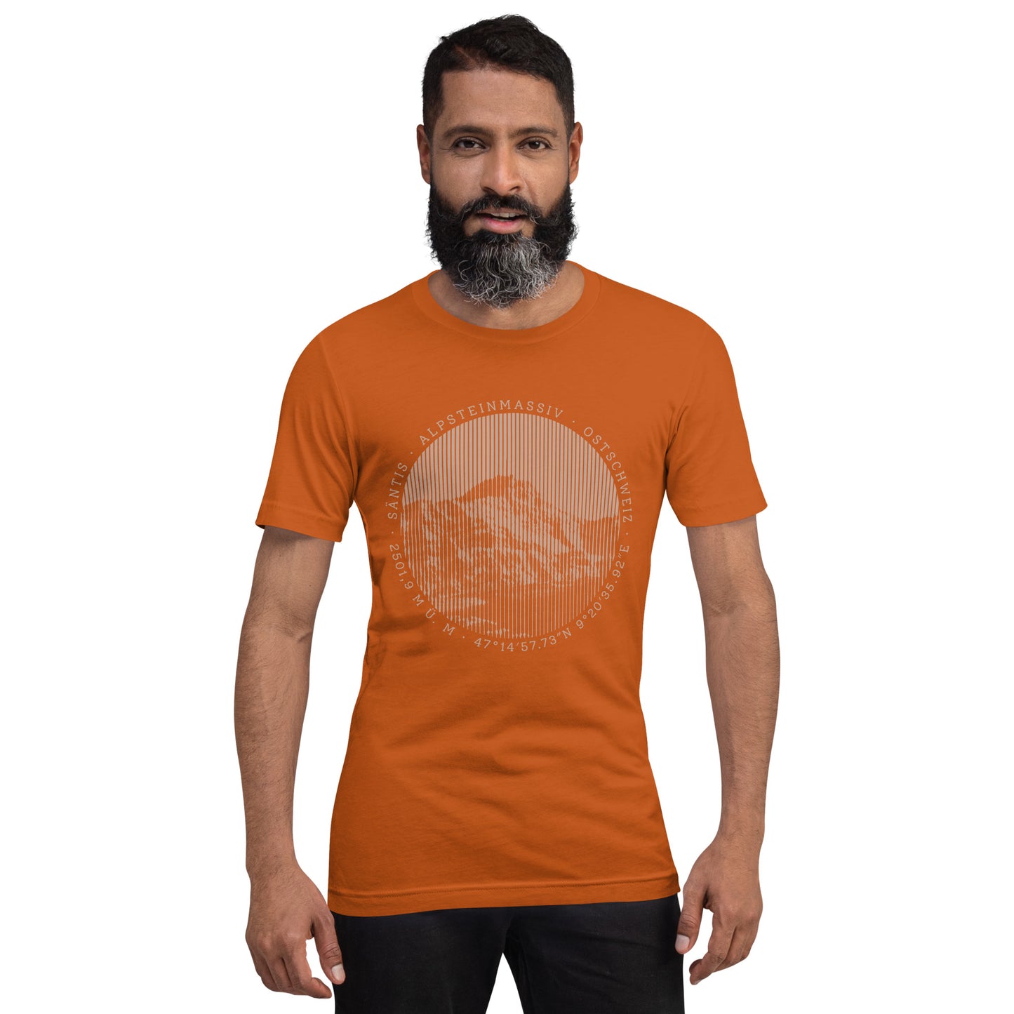 Oranges Herren T-Shirt mit Säntis-Bergdruck, Baumwolle, V-Ausschnitt.