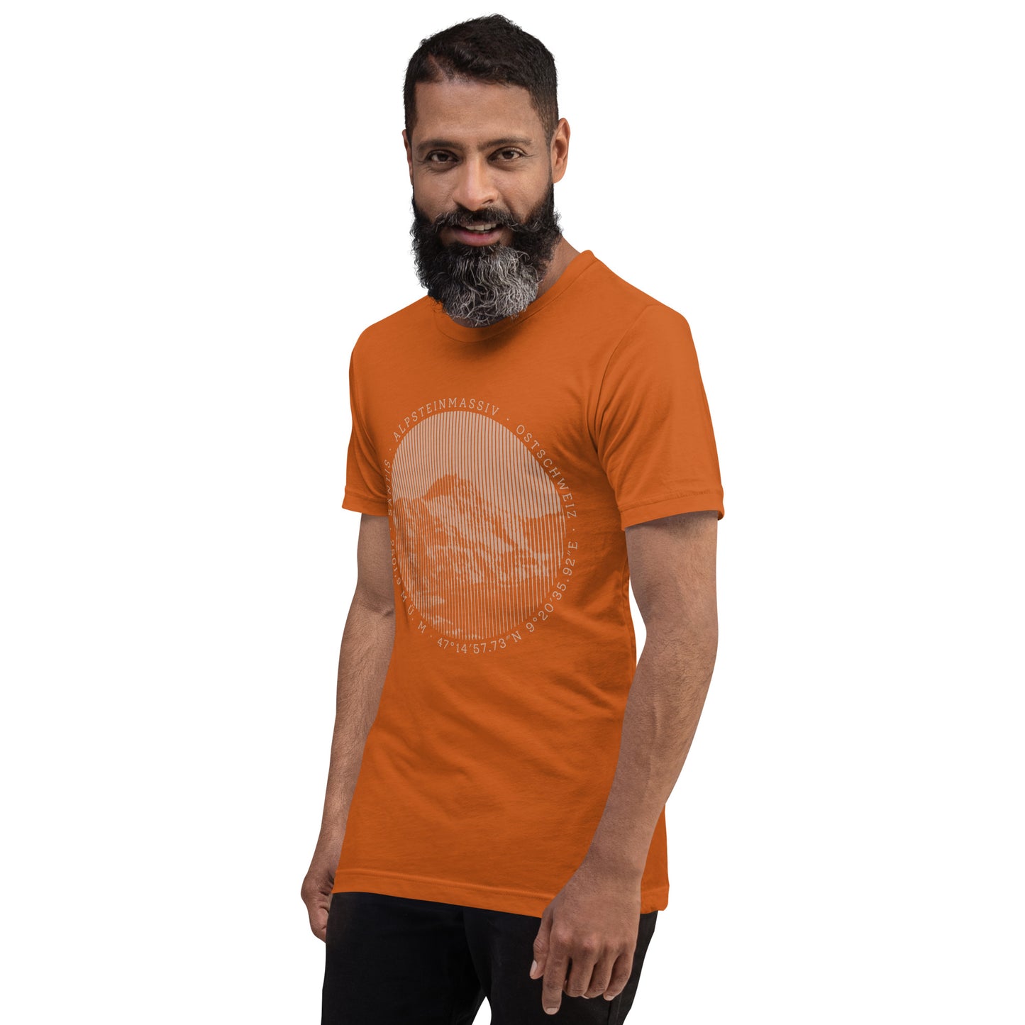 Oranges Herren T-Shirt mit Säntis-Bergdruck, Baumwolle, V-Ausschnitt.