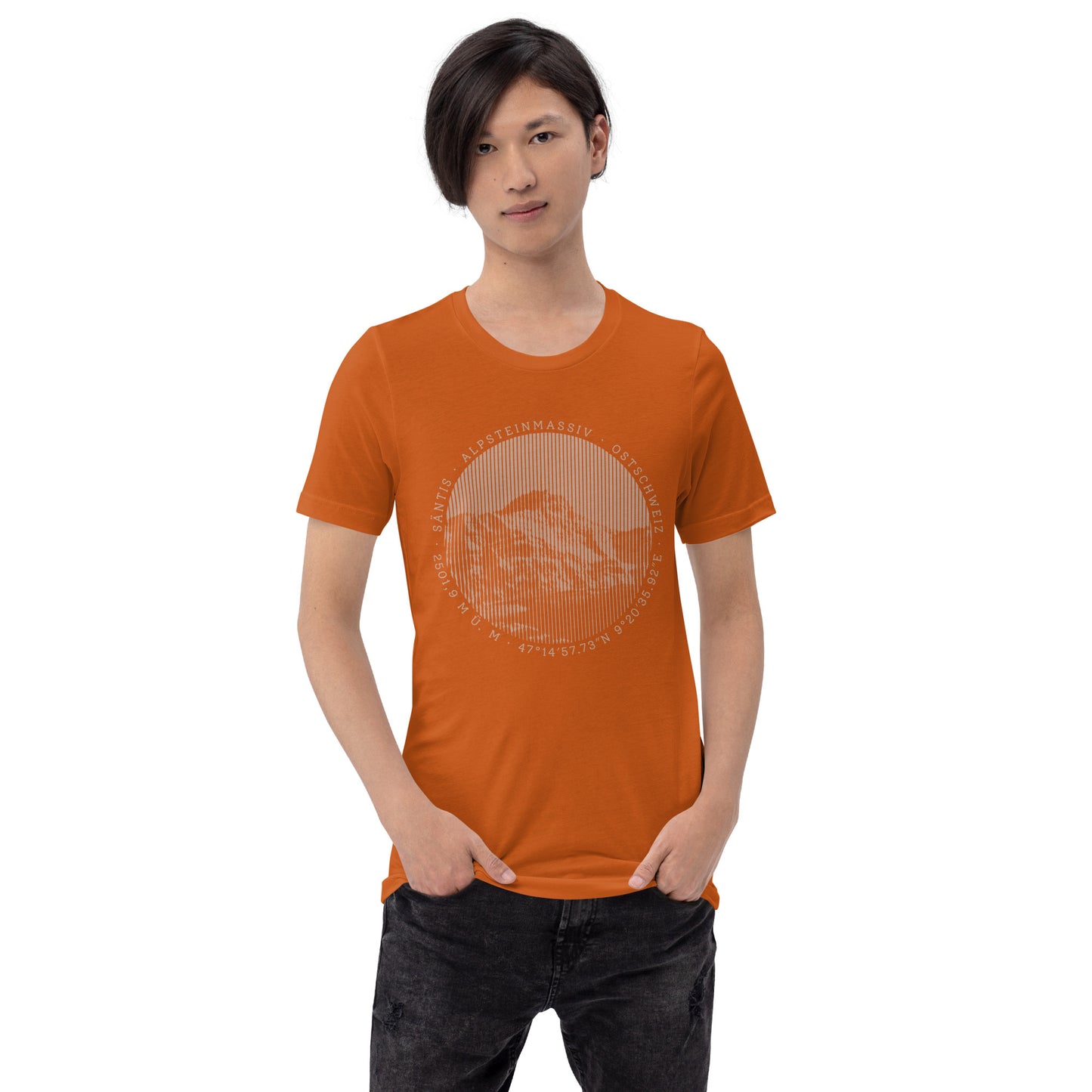 Oranges Herren T-Shirt mit Säntis-Bergdruck, Baumwolle, V-Ausschnitt