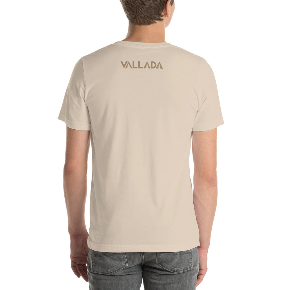 Rückenansicht des cremefarbenen Herren T-Shirts aus Baumwolle, mit dezenter Vallada-Logo-Stickerei.