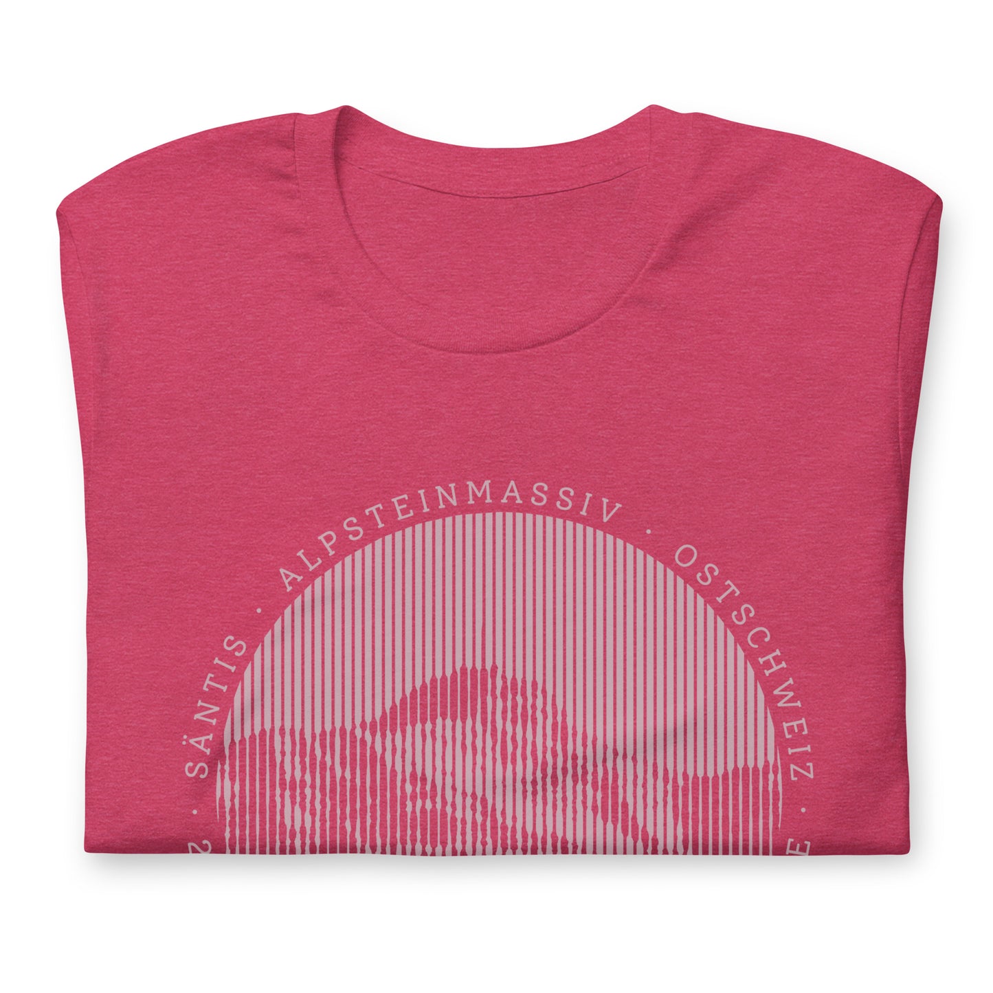 Himbeerrotes Herren T-Shirt aus Baumwolle, gefaltet, mit sichtbar angedeutetem Säntis-Motiv von Vallada.