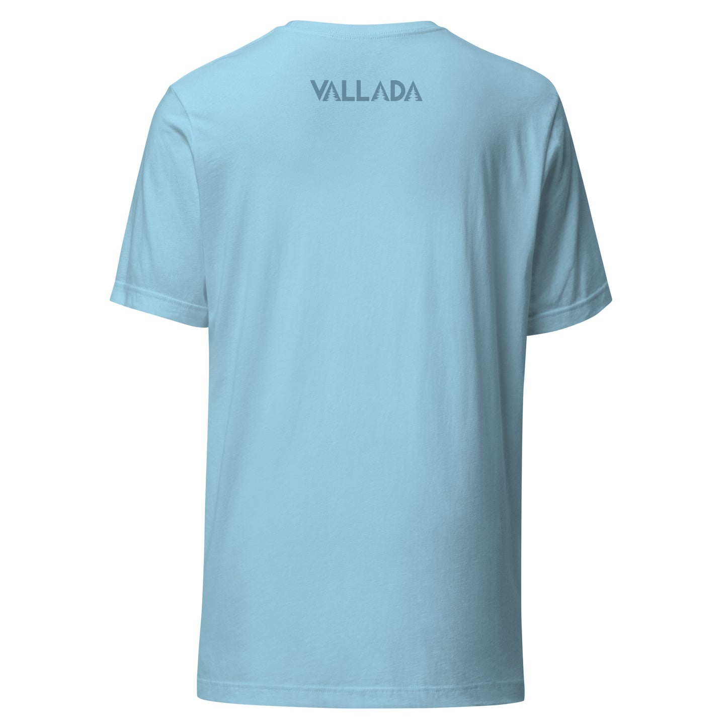 Meerblaues Herren Baumwoll-T-Shirt, Rückenansicht mit weißem Vallada-Logo, bequeme Passform, Rundhals.