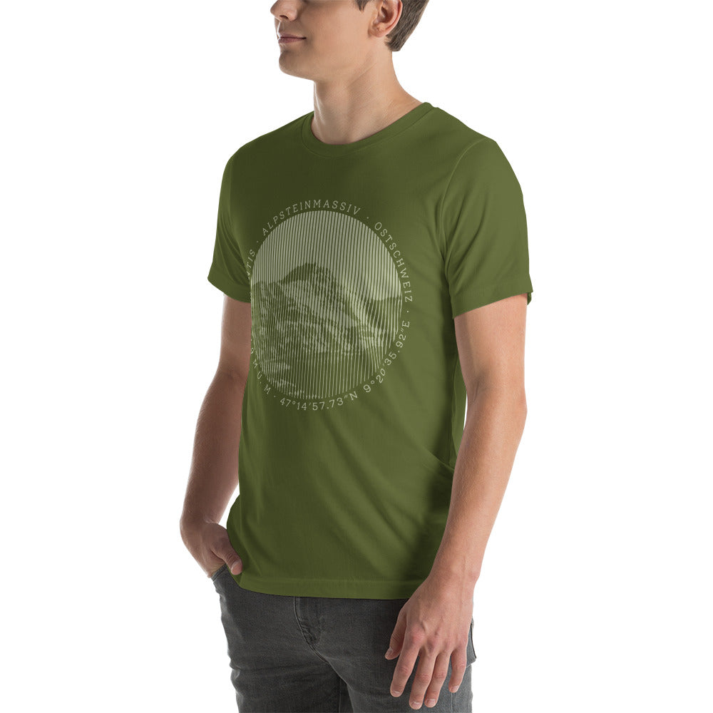 Olivgrünes Herren-T-Shirt aus weicher Baumwolle, mit kontrastierendem Säntis-Gipfel Druck auf Brusthöhe.