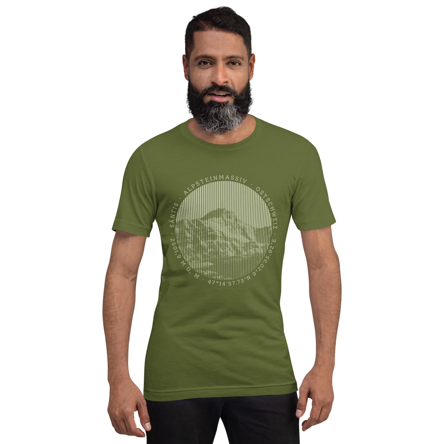 Olivgrünes Herren T-Shirt aus Baumwolle mit stilisiertem Säntis Bergmotiv auf der Vorderseite.