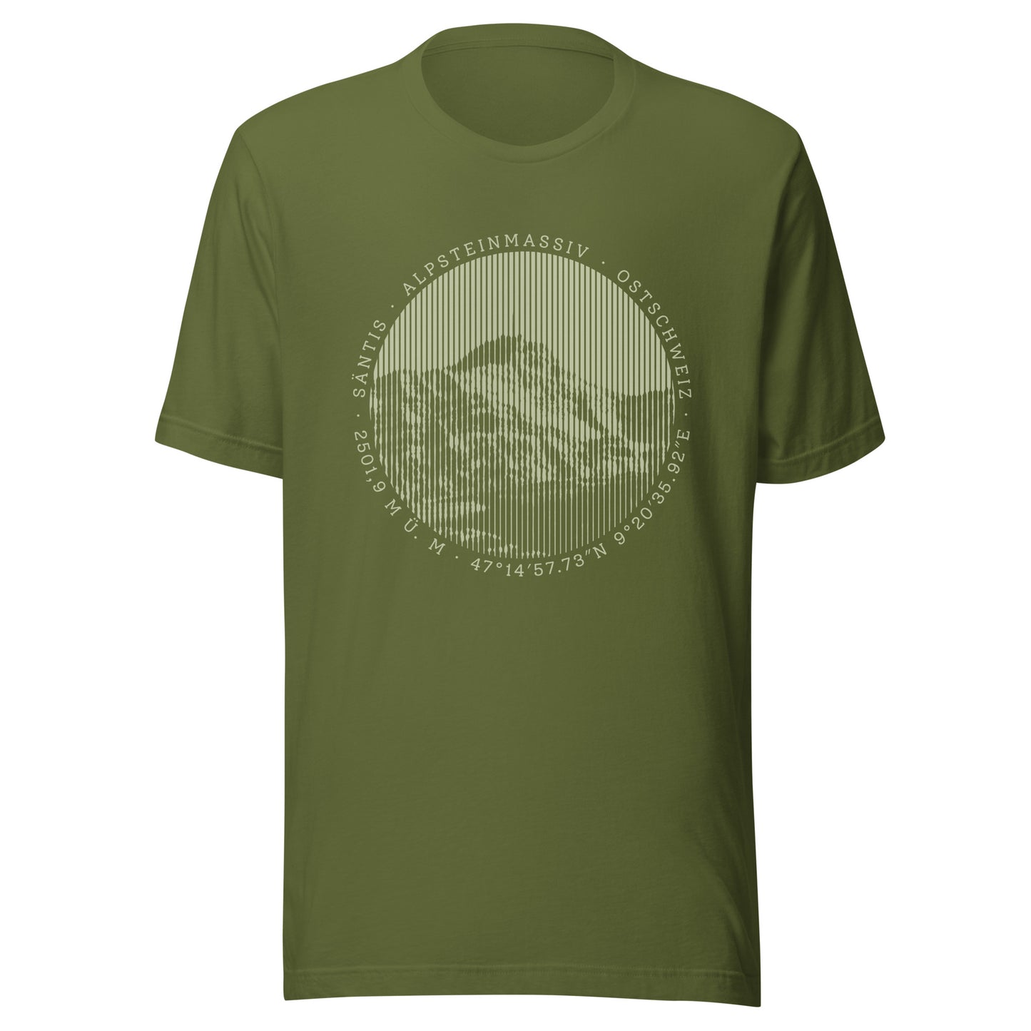 Olivgrünes Herren T-Shirt aus Baumwolle, mit kurzem Ärmel und stilisiertem Säntis-Motiv vorne.