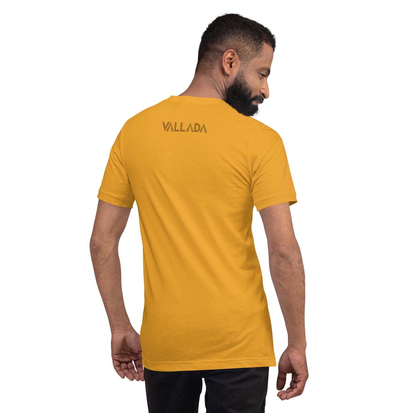 Senffarbenes Herren T-Shirt aus hautfreundlicher Baumwolle, Rückenansicht, bequemer Schnitt mit Rundhals.