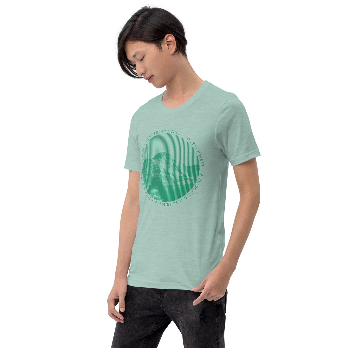 Taubenblau meliertes Herren T-Shirt aus Baumwolle mit Säntis Bergmotiv als Print, Frontansicht am Model.