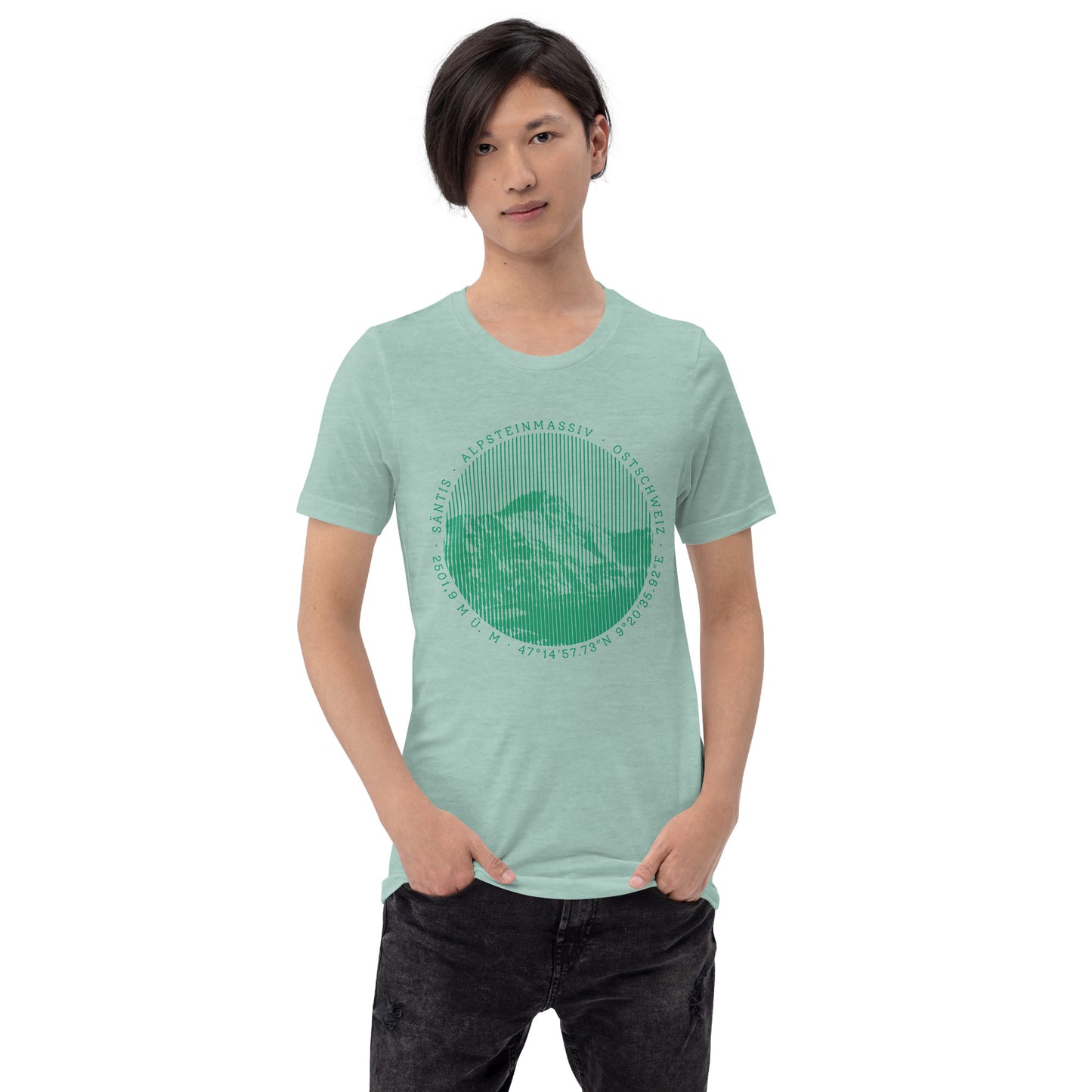 Herren T-Shirt in Taubenblau meliert, weiches Material, Frontdruck Säntis, kombiniert mit Jeanshose.