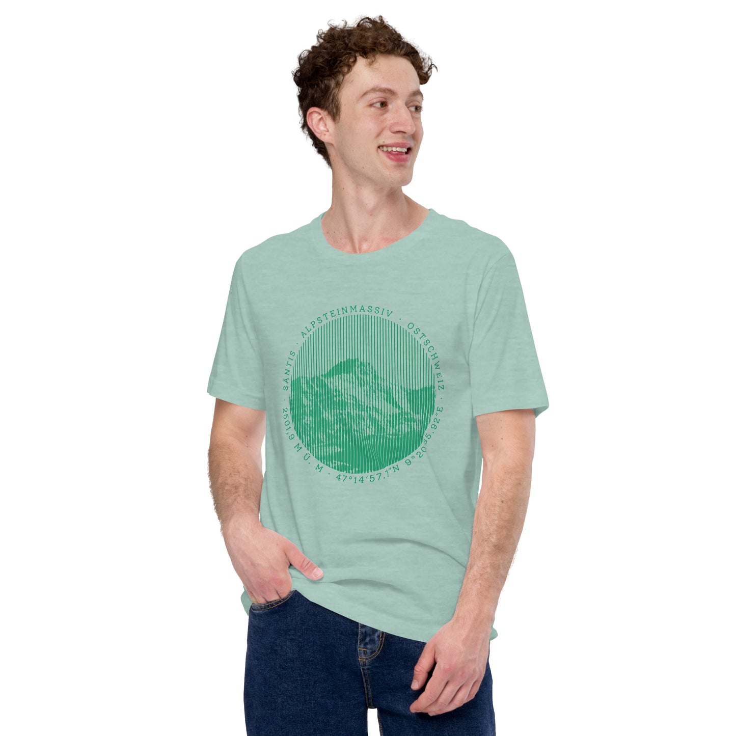 Herren Baumwoll-T-Shirt in taubenblau meliert, Frontansicht mit kontraststarkem Säntis-Bergmotiv.