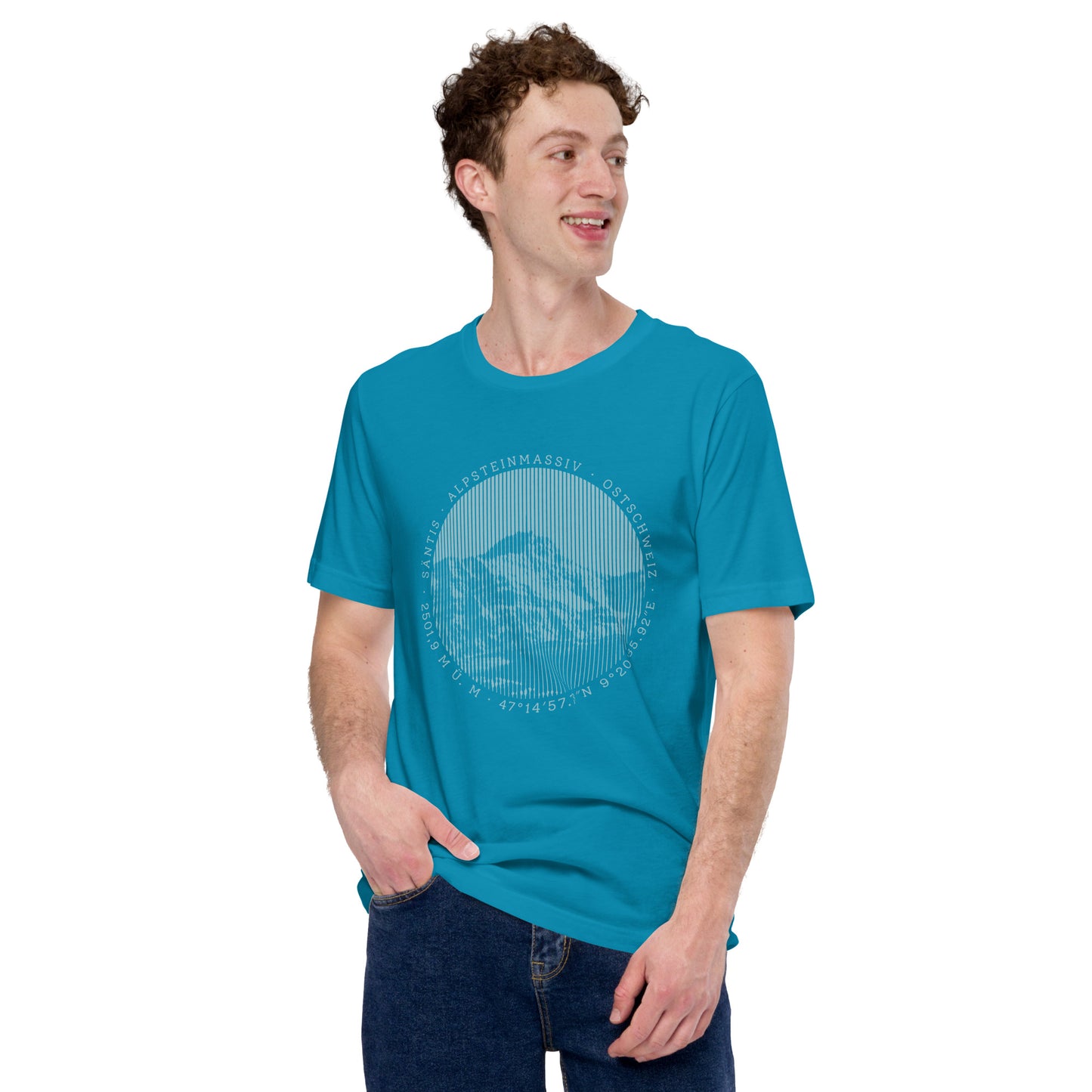 Herren T-Shirt in Türkisfarbe mit Druck des Säntis-Berges, Baumwolle, V-Ausschnitt.