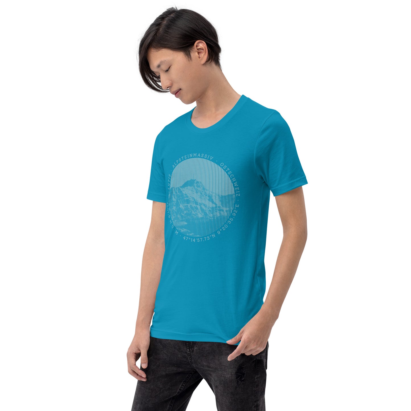 Türkisfarbener Herren T-Shirt mit Säntis-Print, Baumwolle, V-Ausschnitt