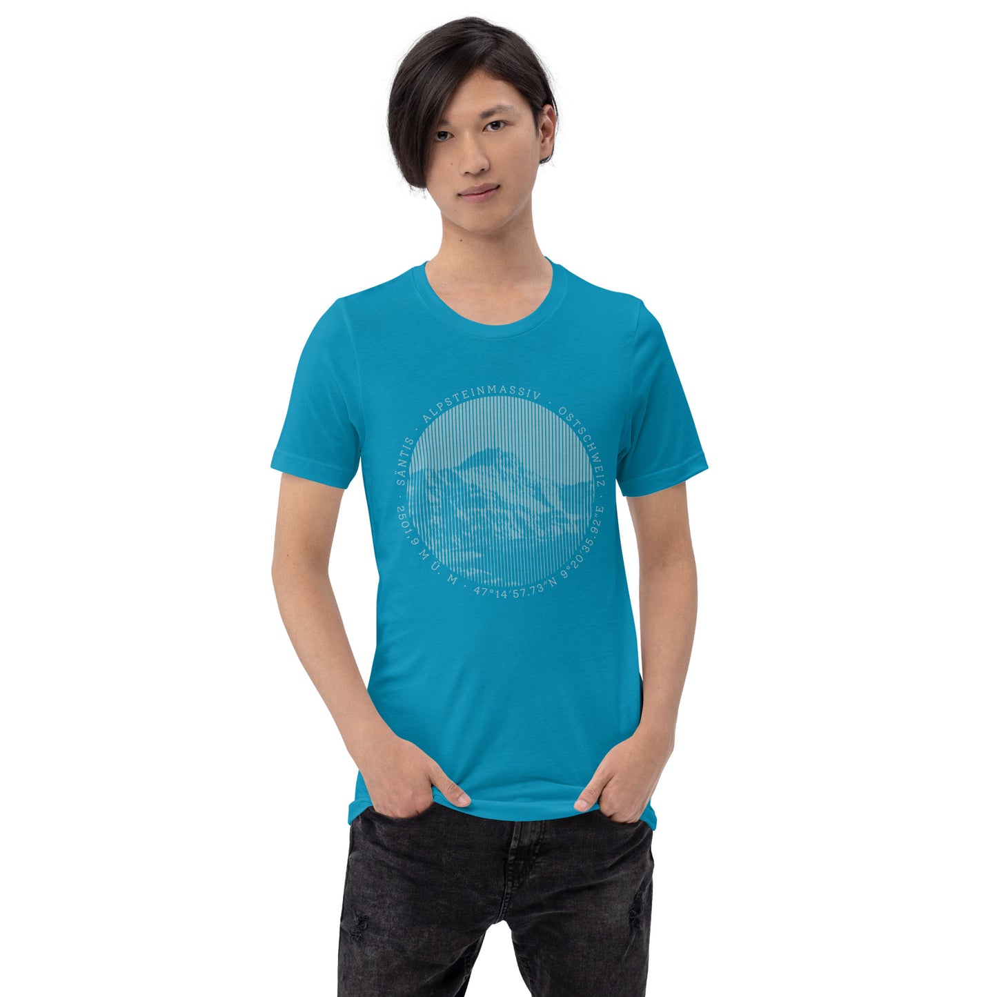 türkisfarbenes Säntis-Männer-T-Shirt, Jeans und Baumwolle