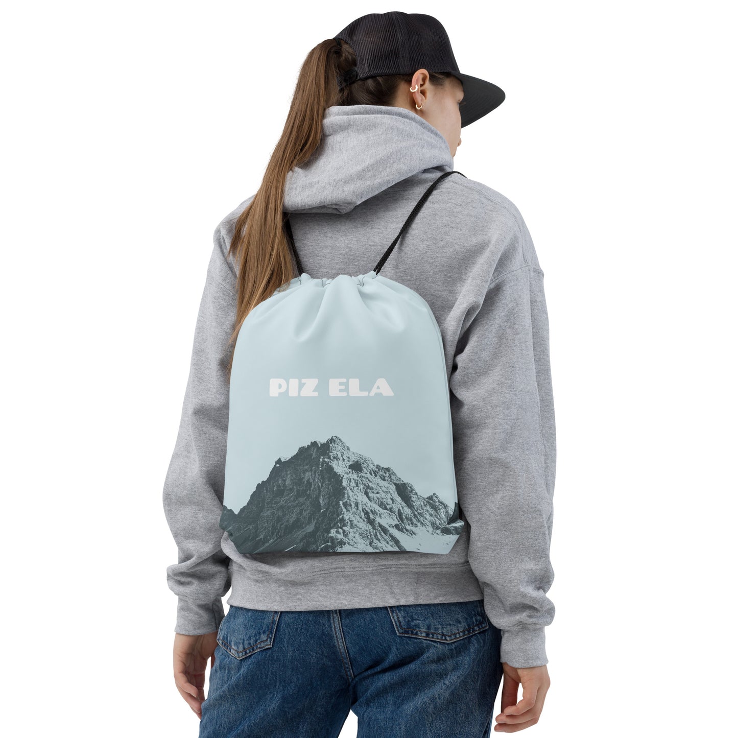 Blauer Sportbeutel "Piz Ela" mit Kordelzug, ideal für Fitness und Freizeit.