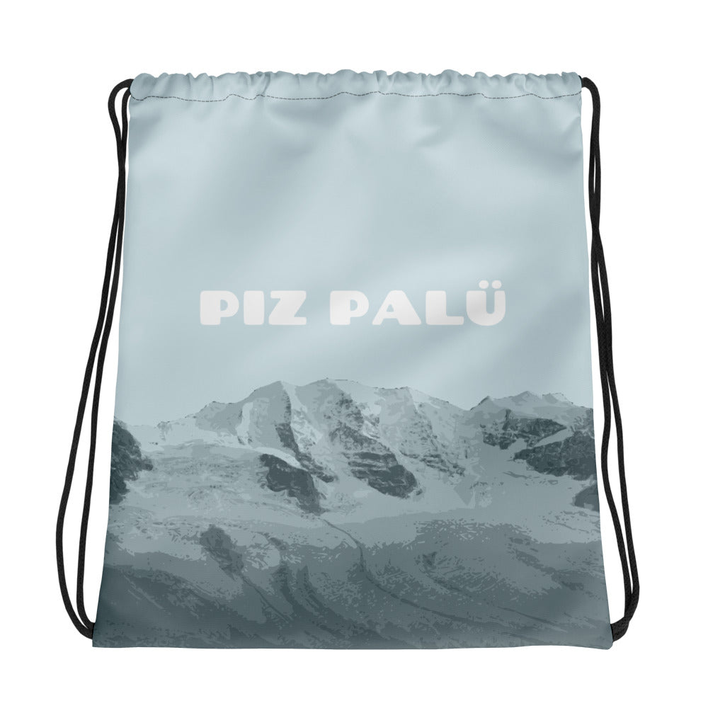 Blauer Kordelzugbeutel Piz Palü aus strapazierfähigem Polyester mit Vallada Logo.