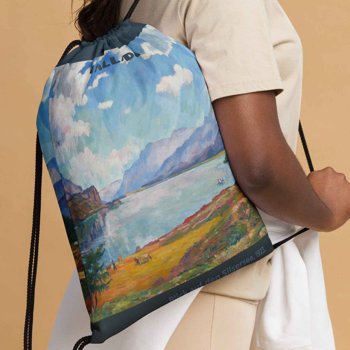 Sportbeutel mit Kordelzug, Silsersee Motiv von Giovanni Giacometti, blau, Baumwolle.