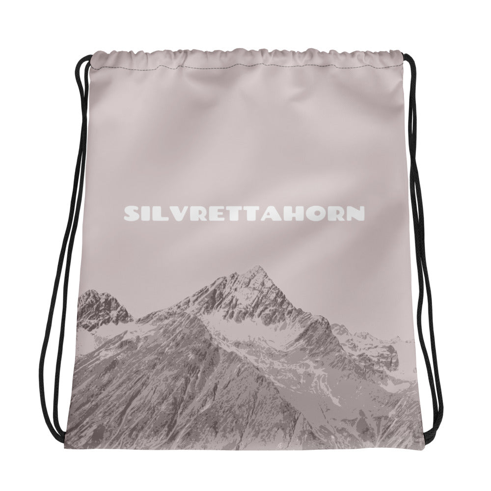 Roter Kordelzugbeutel mit Silvrettahorn-Motiv, Seitenansicht