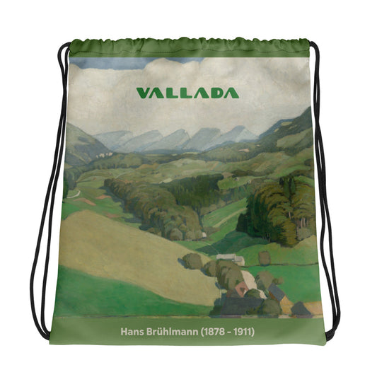 Sportbeutel mit Kordelzug, bedruckt mit einem Gemälde der Churfirsten-Bergkette im Toggenburg.