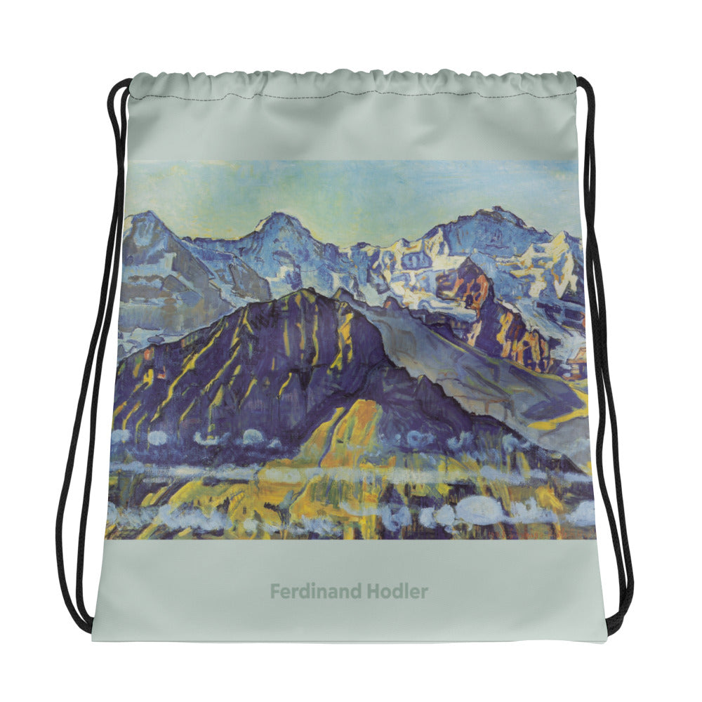 Sportbeutel mit Eiger, Mönch und Jungfrau Motiv von Ferdinand Hodler, Kordelzugbeutel aus Baumwolle.