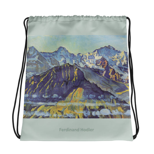 Schwarzer Kordelzugbeutel mit Eiger, Mönch und Jungfrau Motiv von Ferdinand Hodler, ideal für Sport und Freizeit.
