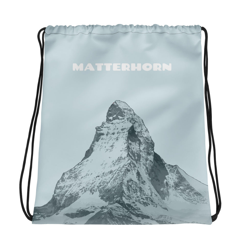Hellblauer Sportbeutel mit dem Matterhorn im Wallis, dass auch als Cervino oder Cervin bekannt ist.