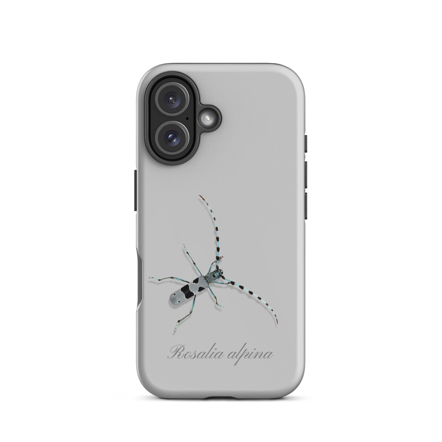 Graue iPhone-Hülle mit Alpenbock-Motiv, robustes Design, präzise Aussparungen