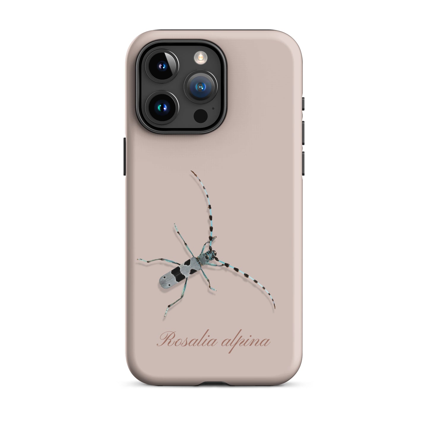 Rosa iPhone-Hülle mit Alpenbock-Motiv in Holzoptik, seitliche Ansicht.