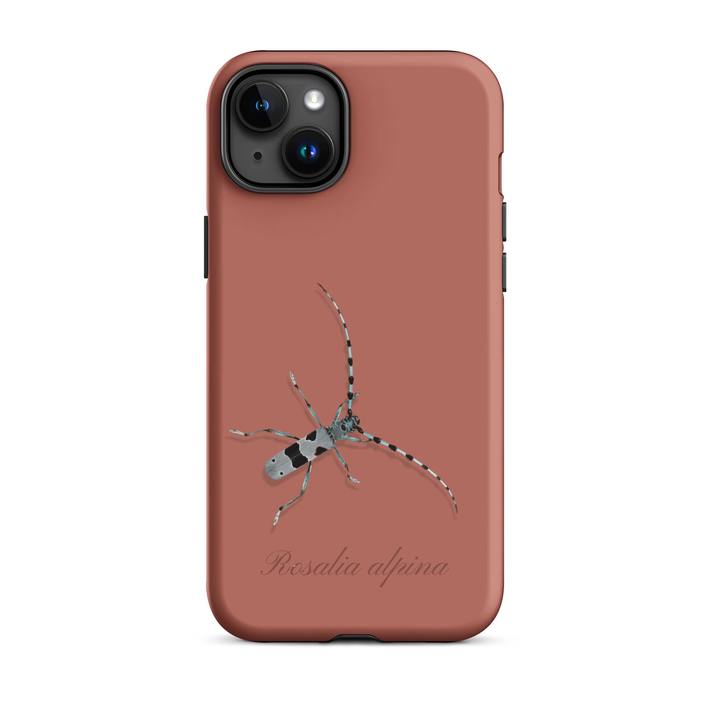 iPhone Case Alpenbock in Ziegelrot mit Holzmaserung, Seitenansicht