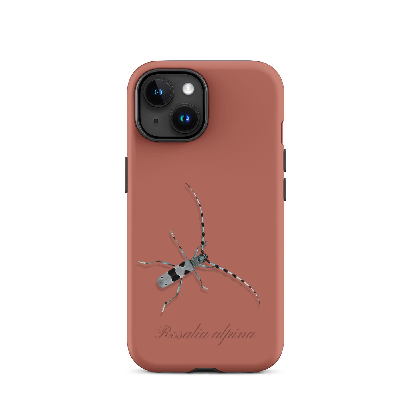 Ziegelrotes iPhone Case mit Alpenbock-Motiv, robuste Handyhülle mit Holzoptik.