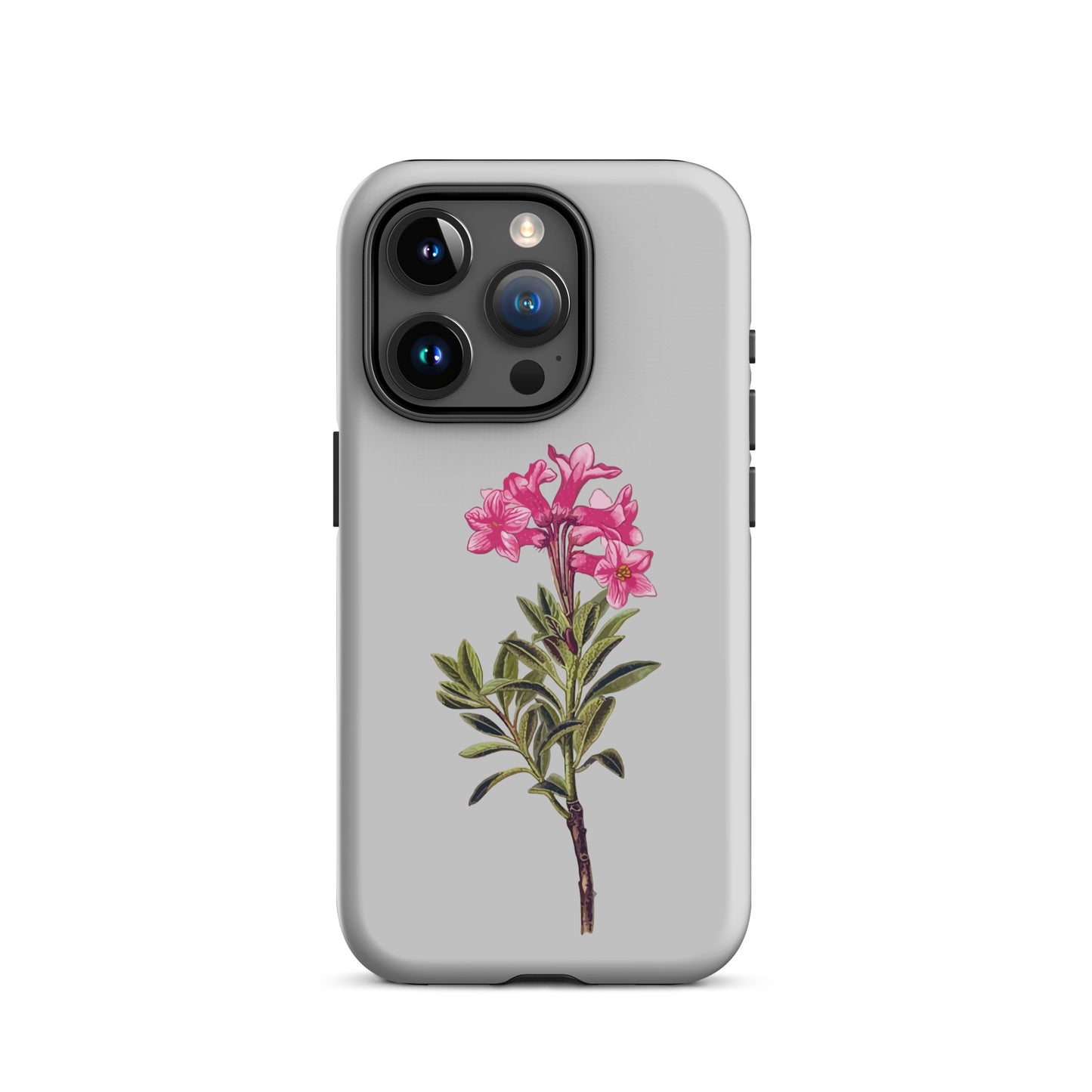 Graue iPhone 15 Pro Handyhülle mit Alpenrosen-Design aus robustem Material.