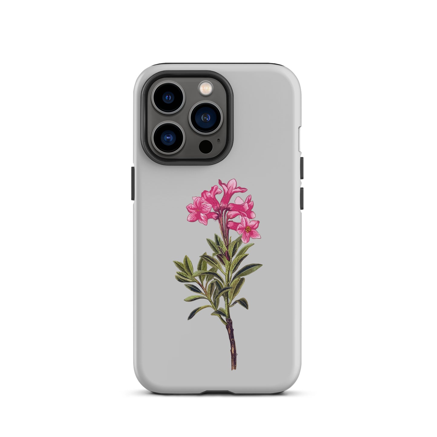 Graue iPhone 13 Pro Handyhülle mit Alpenrose-Design aus robustem Material.