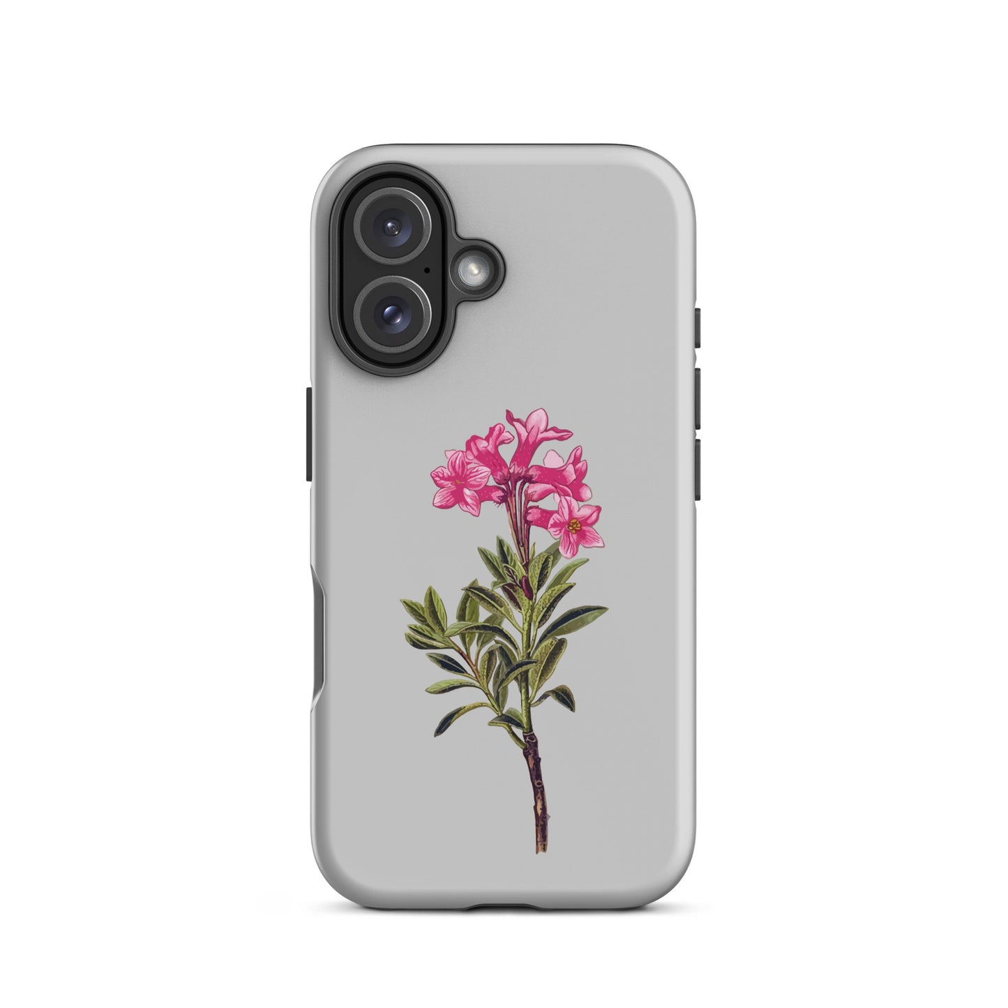 Schützende iPhone 16 Hülle in Grau mit Alpenrosen-Design, stoßfest und elegant.