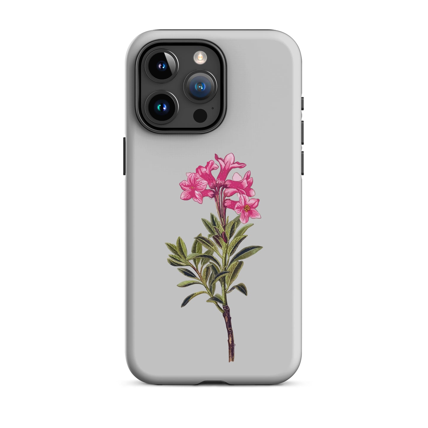 Graue iPhone 15 Pro Max Hülle mit Alpenrose-Design, schützende Silikonhülle mit floralem Muster.