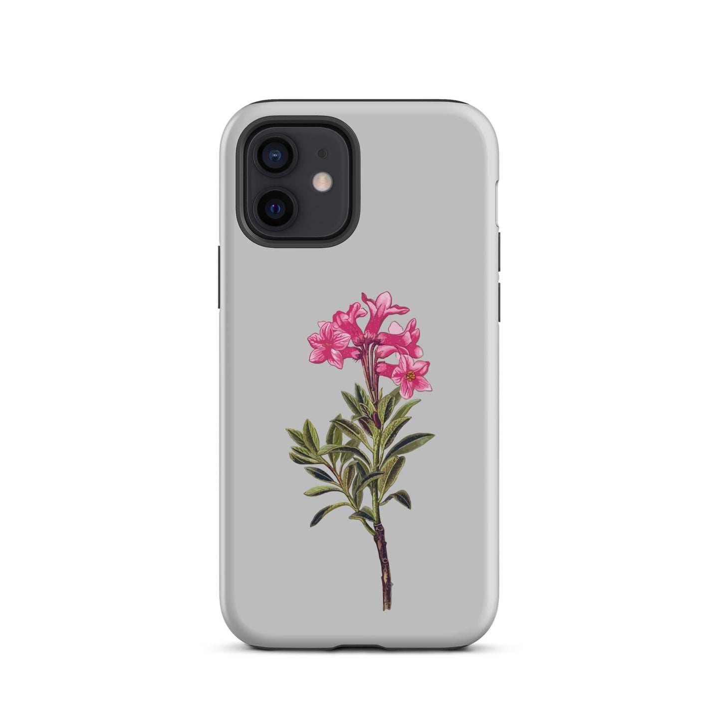 Graue iPhone 12 Hülle mit Alpenrose-Design, robustes Material, präzise Aussparungen.