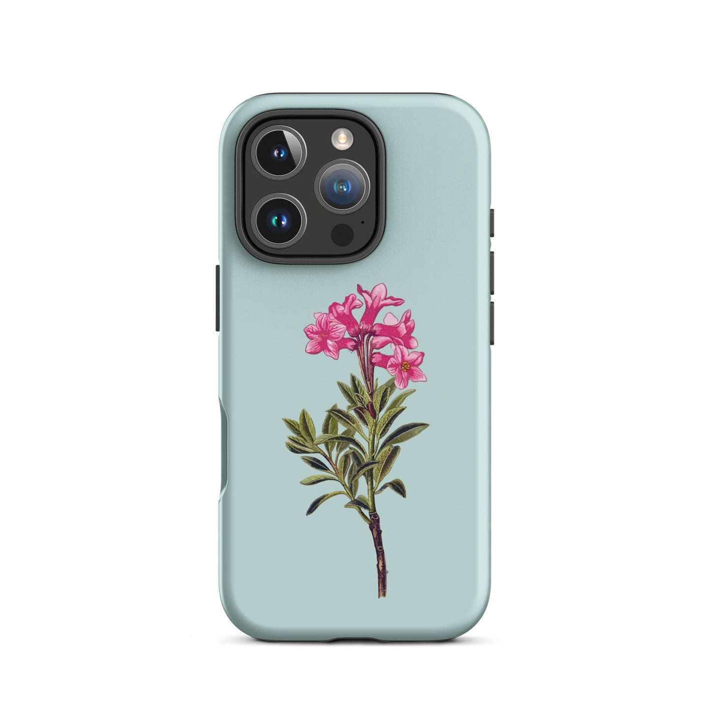 Hellblaues iPhone 16 Pro Case mit Alpenrose-Design aus robustem Silikon, Seitenansicht