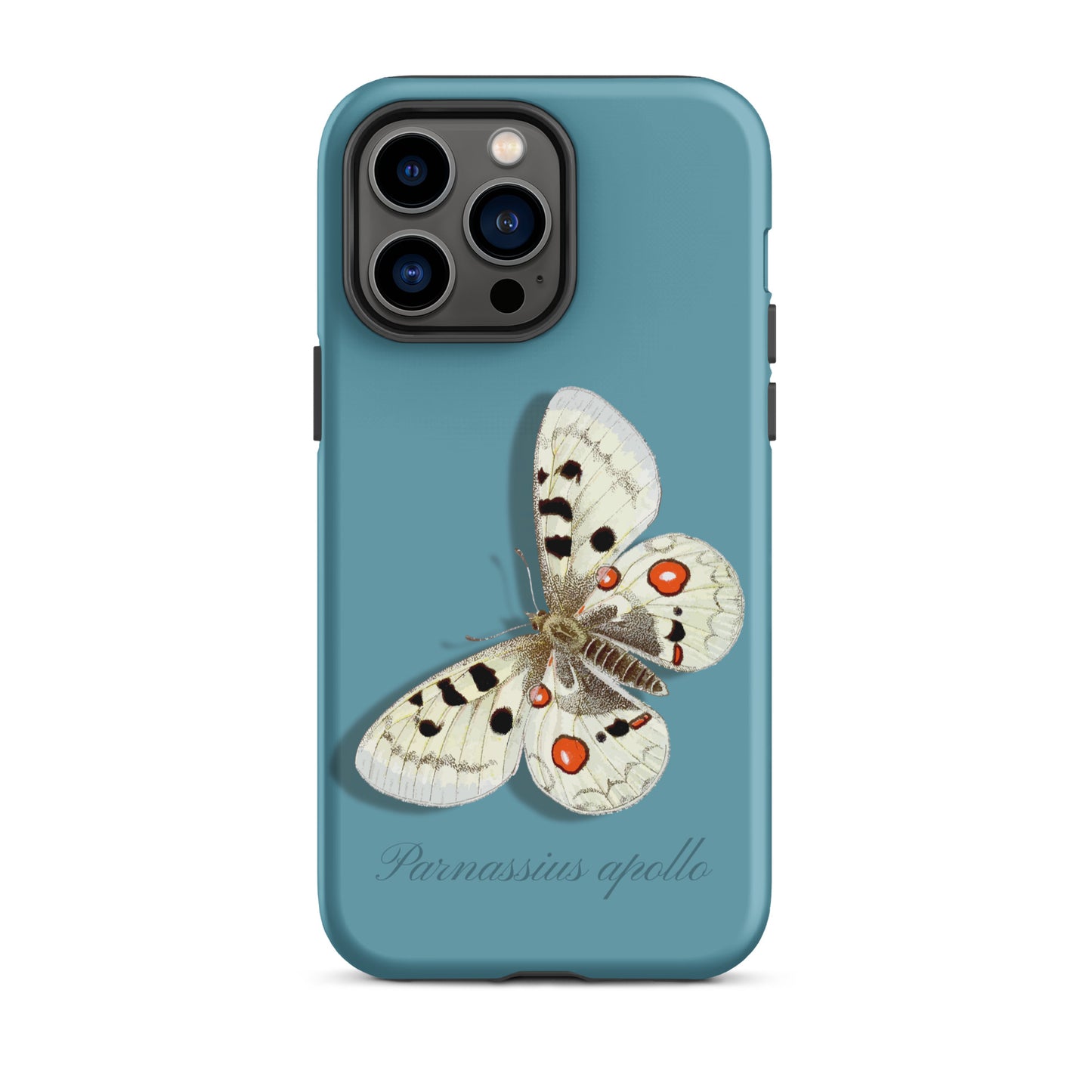 Schlanke iPhone 14 Pro Max Hülle in Gletscherwasserblau mit Apollofalter-Design, schützende Handyhülle aus robustem Material.