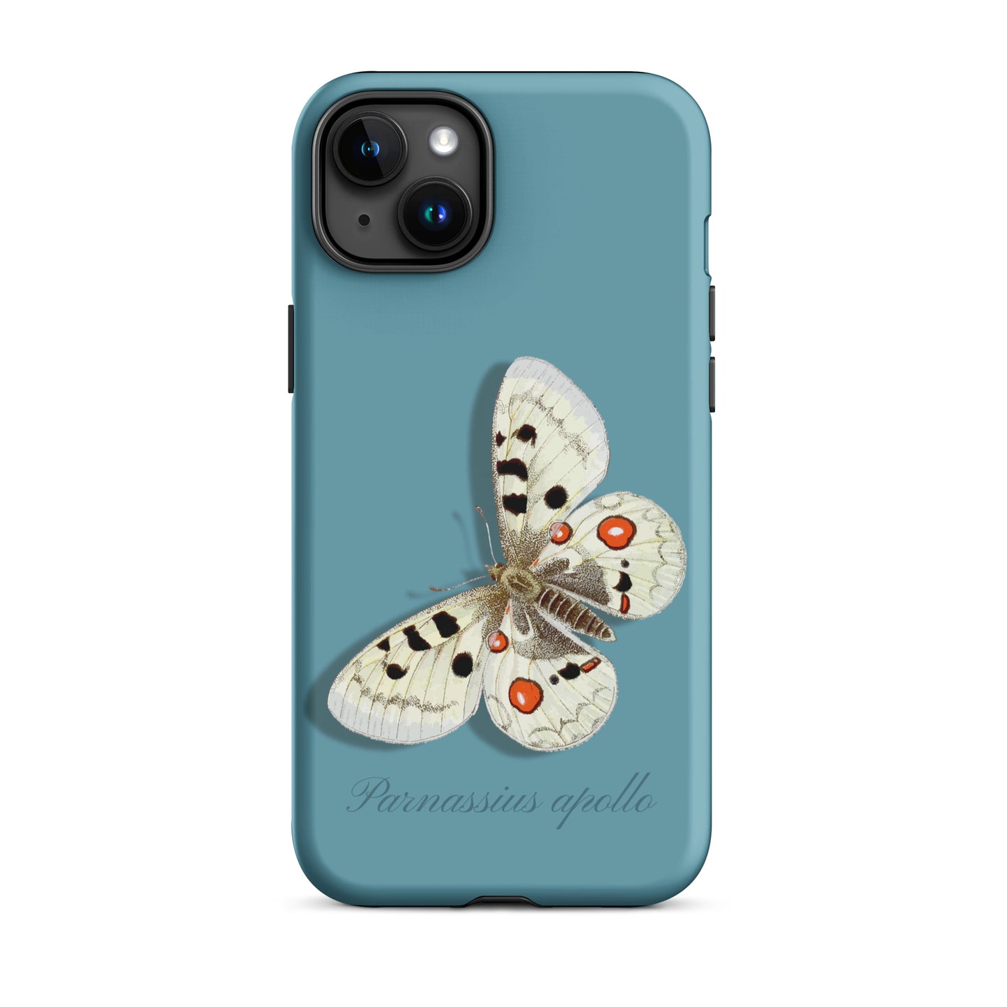 iPhone 15 Plus Hülle Apollofalter in Gletscherwasserblau mit Schmetterlingsmuster und Schutzrand
