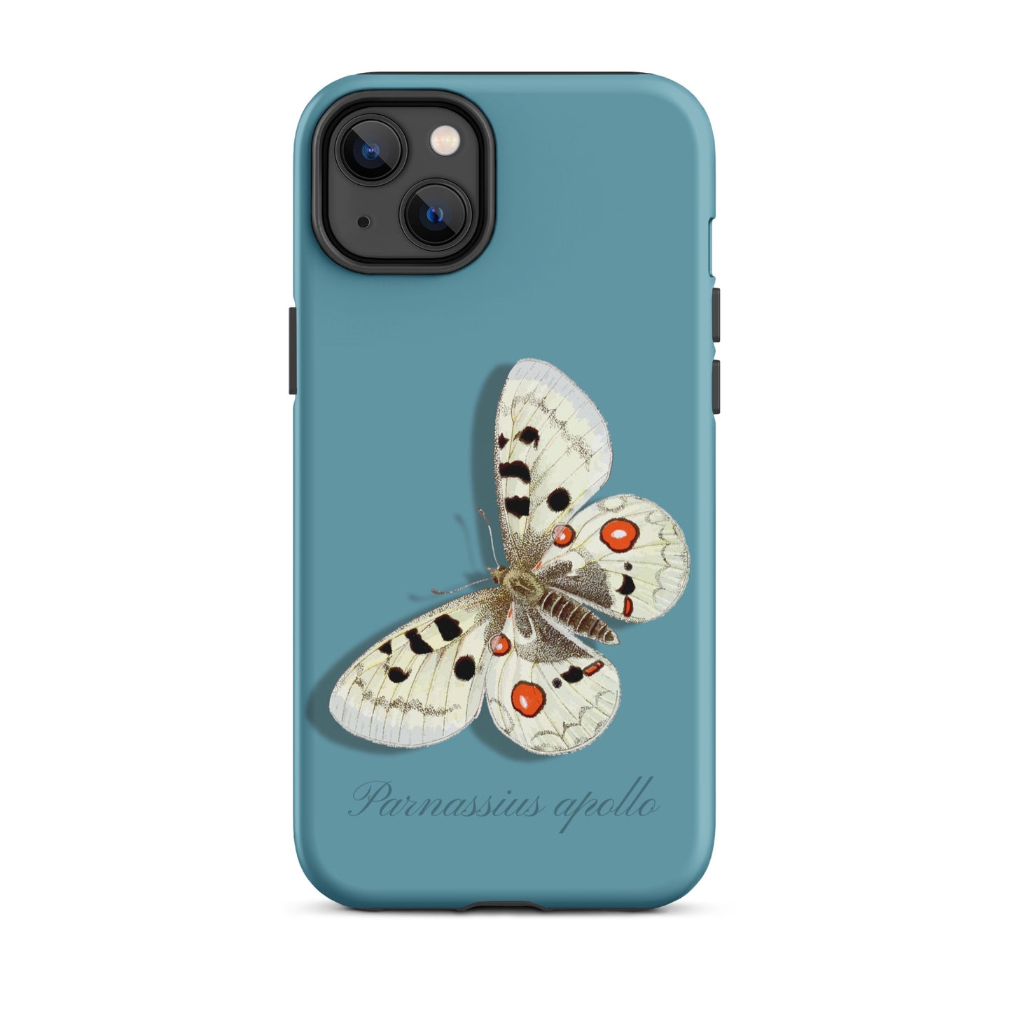 iPhone 14 Plus Hülle Apollofalter in Gletscherwasserblau mit Schmetterlingsmuster