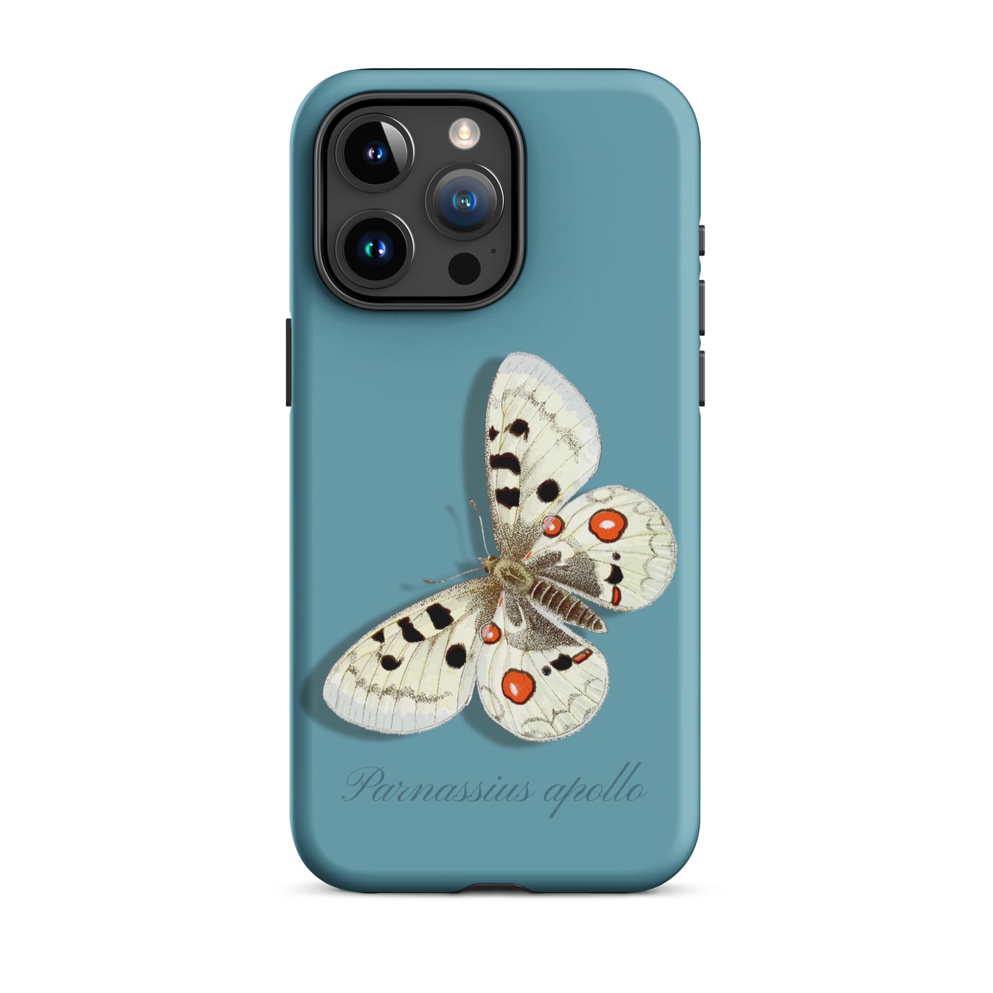 iPhone 15 Pro Max Hülle Apollofalter in Gletscherwasserblau mit Schmetterlingsmuster.