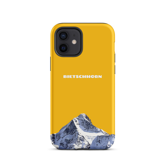 Goldgelbe iPhone Hard Case mit Bietschhorn-Motiv, stoßfestes Polycarbonat, präzise Aussparungen.