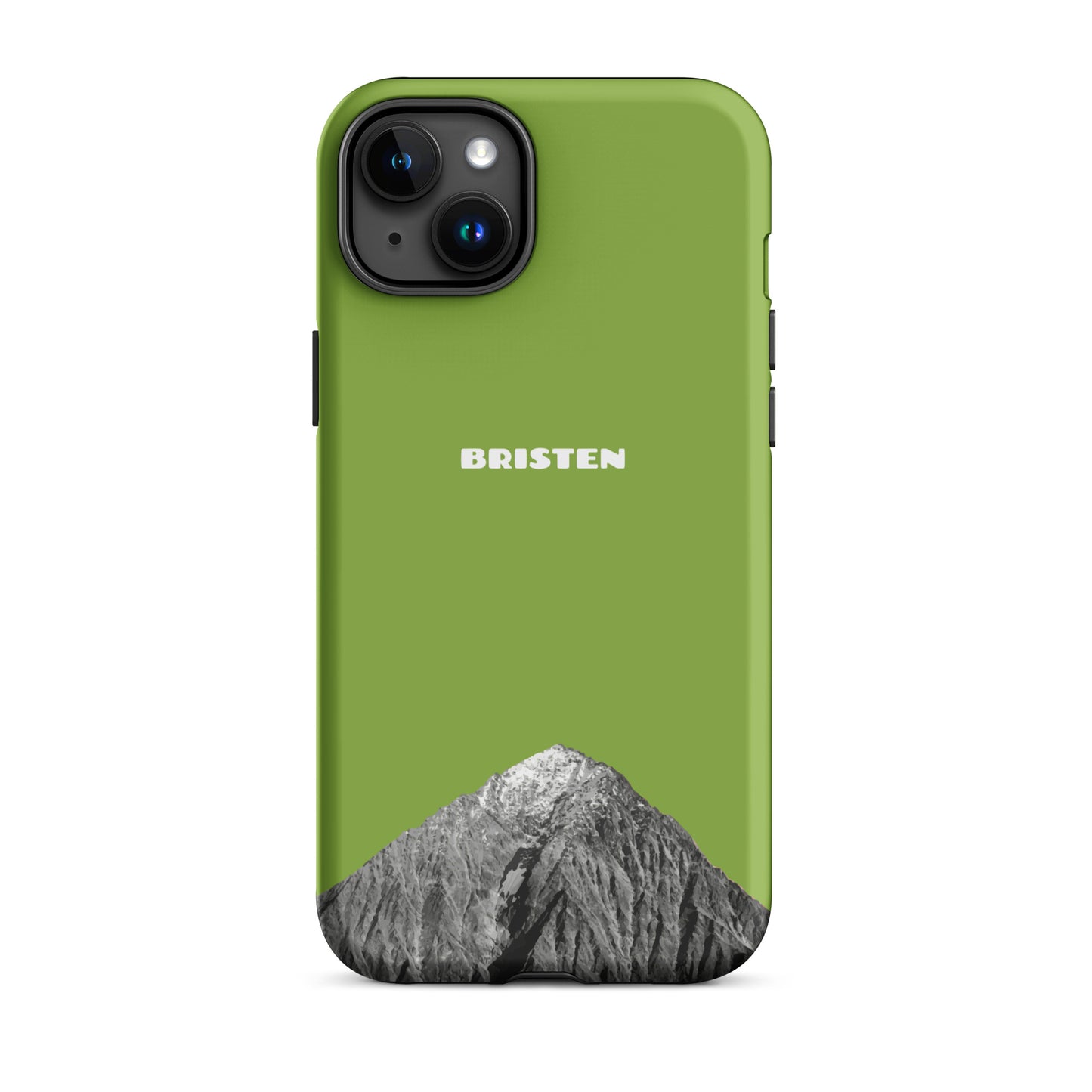 Gelbgrüne iPhone 15 Plus Hülle aus Silikon, Bristen-Design, Seitenansicht mit sichtbarem Kameraausschnitt