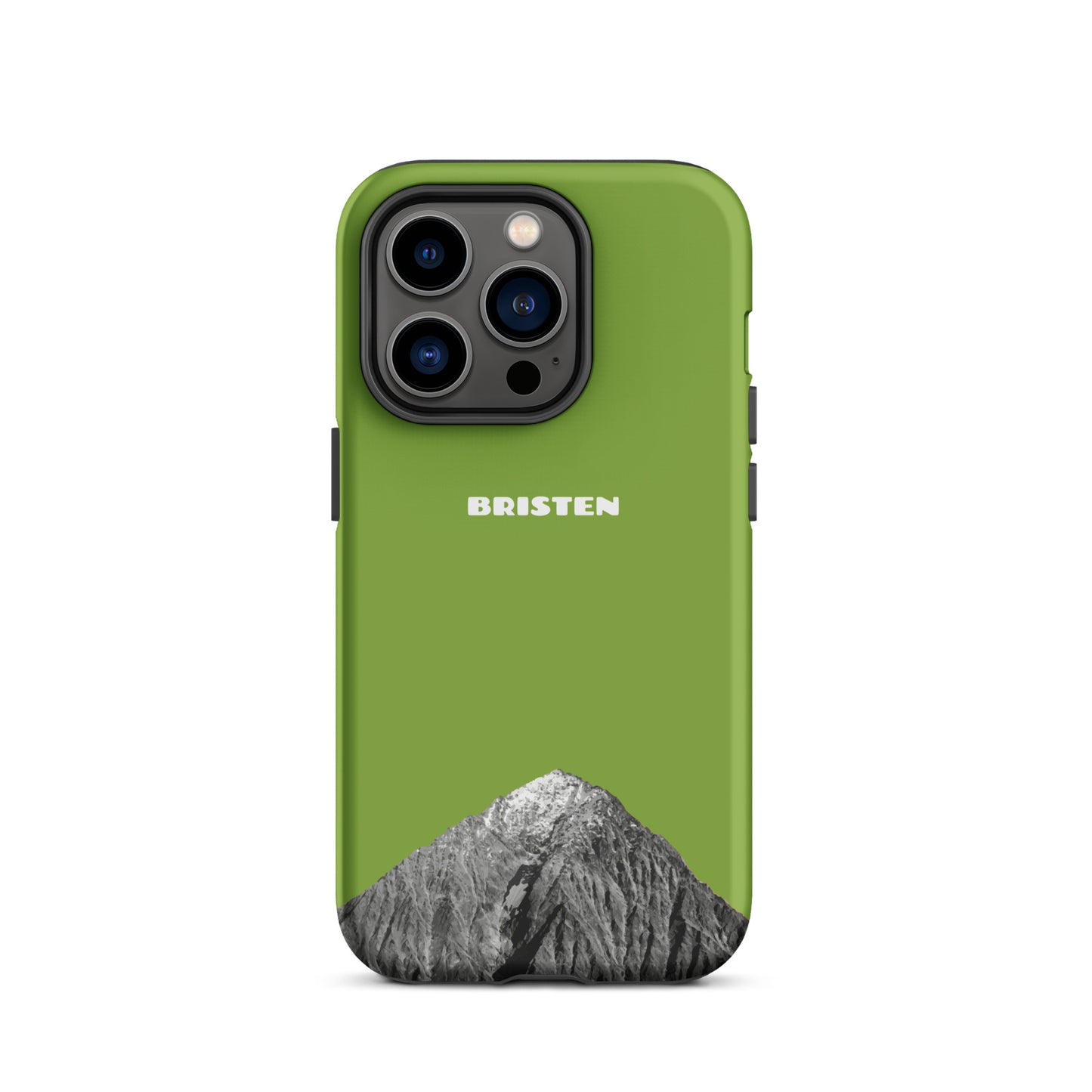 Gelbgrüne iPhone 14 Pro Handyhülle aus recyceltem Plastik, Seitenansicht.