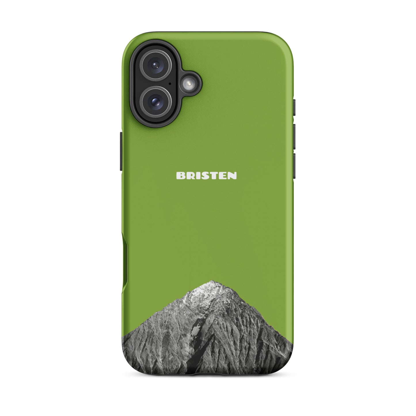 Gelbgrüne iPhone 16 Plus Hülle aus recyceltem Kunststoff, Bristen-Modell, mit strukturierter Oberfläche.