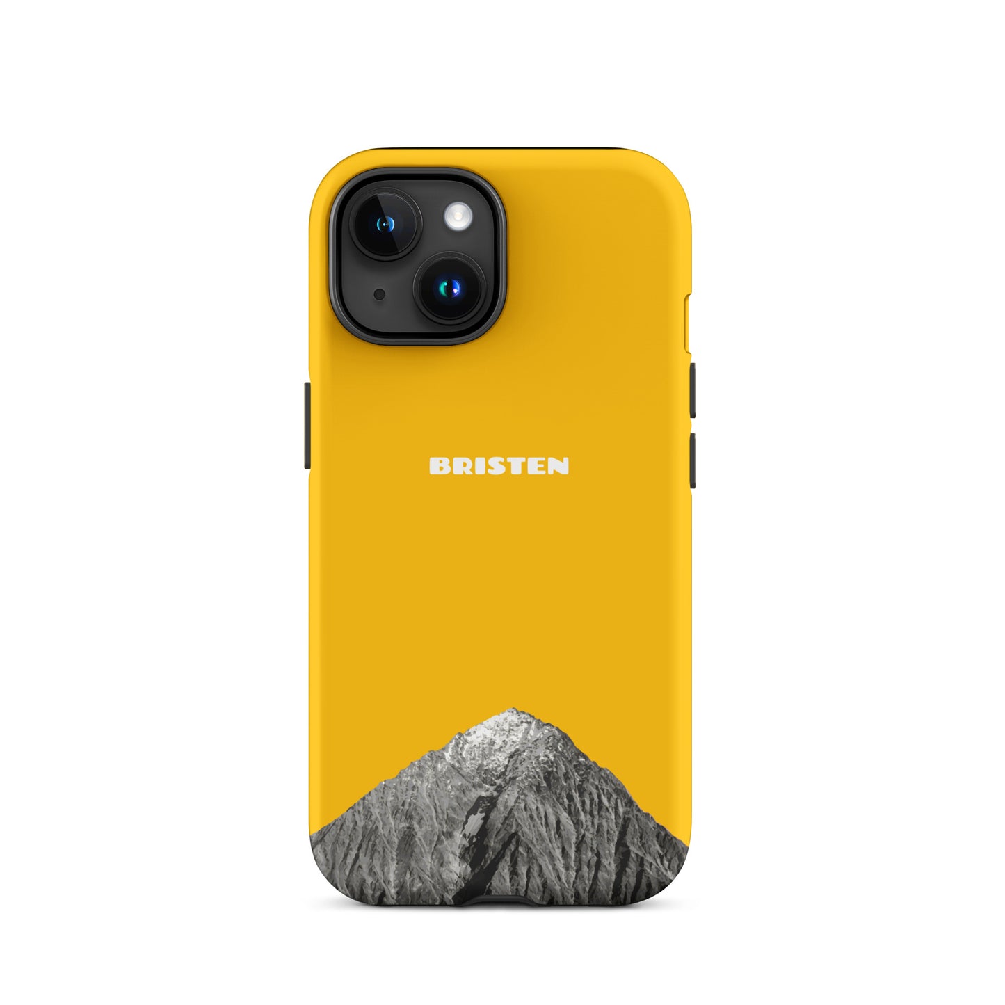 Goldgelbe iPhone 15 Hülle aus Leder mit strukturierter Oberfläche und präzisen Ausschnitten.