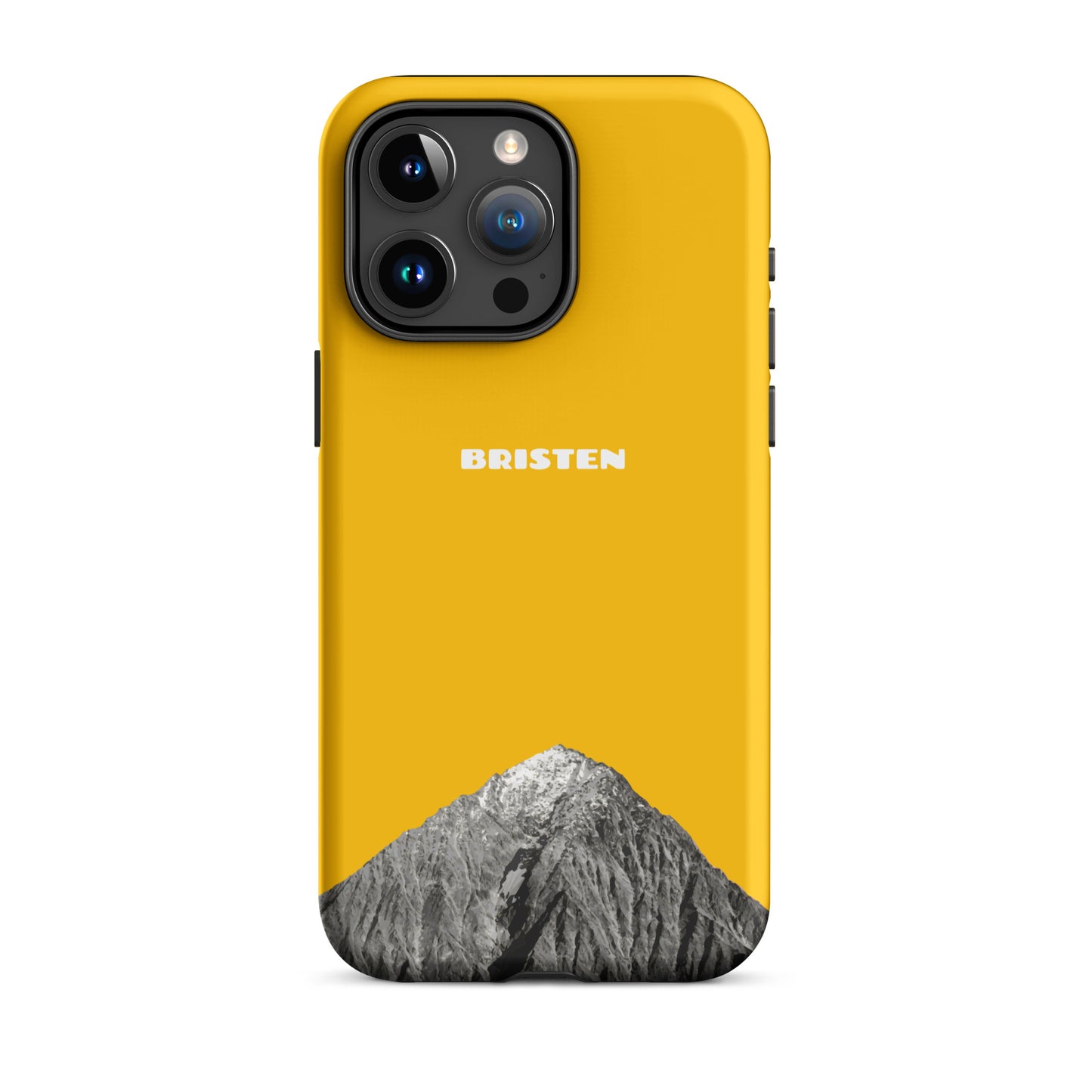 Goldgelbe iPhone 15 Pro Max Hülle aus Leder mit strukturierter Oberfläche und präzisen Ausschnitten.