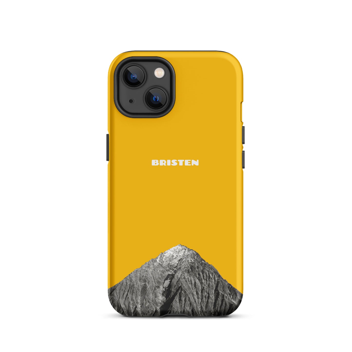 Goldgelbe iPhone 13 Hülle aus Leder mit strukturierter Oberfläche und präzisen Ausschnitten.